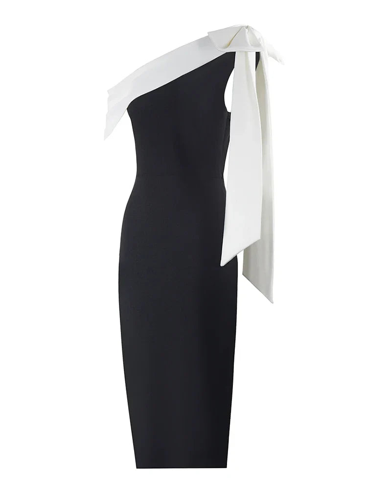 Black One Shoulder Contrast Tie Up  Midi Dress