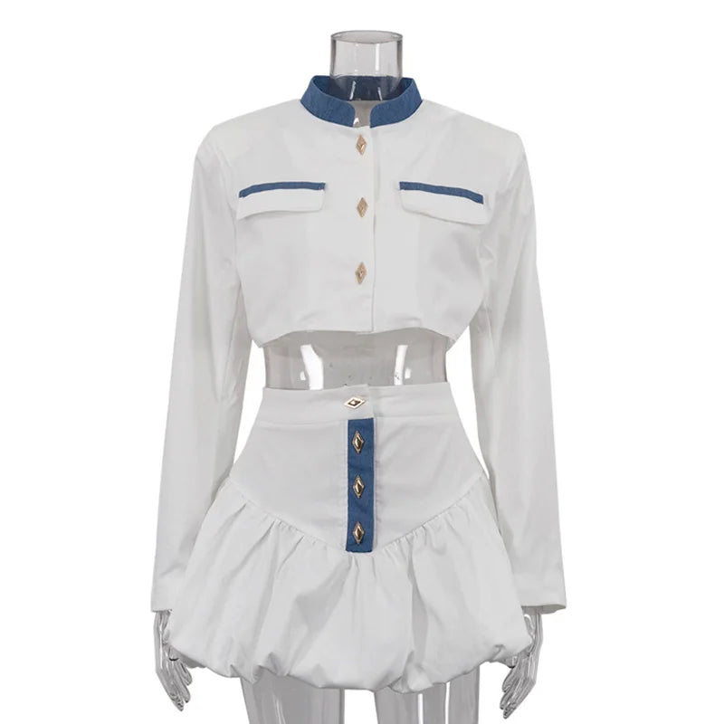 Crop Jacket And Puff Buttoned Mink Skirt Contrast Set