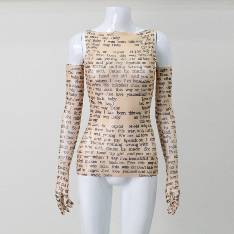 Mesh Letter Print Sleeveless Top With Gloves