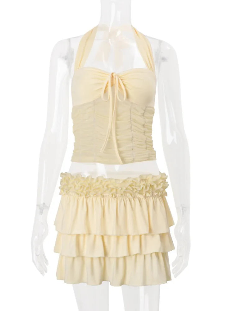 Ruffle Yellow Halter Crop Top And Mini Skirt Matching Set