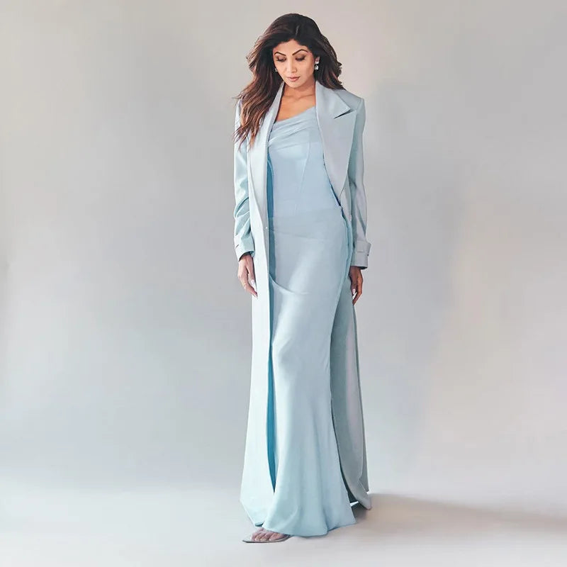 Blue Satin Corset Chiffon Off-shoulder Maxi Dress