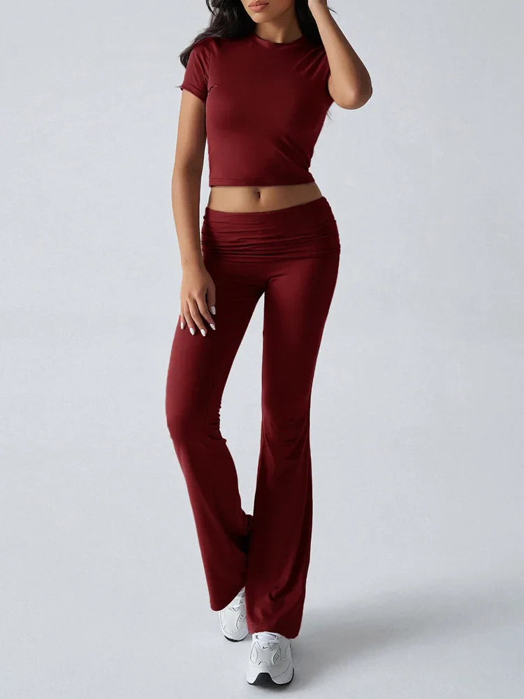Slim Fit Two Piece Short Sleeve Top & Pant Set - Athleisure Workout Style