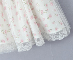 White With Pink Flower Mesh Bow Strappy Mini Dress