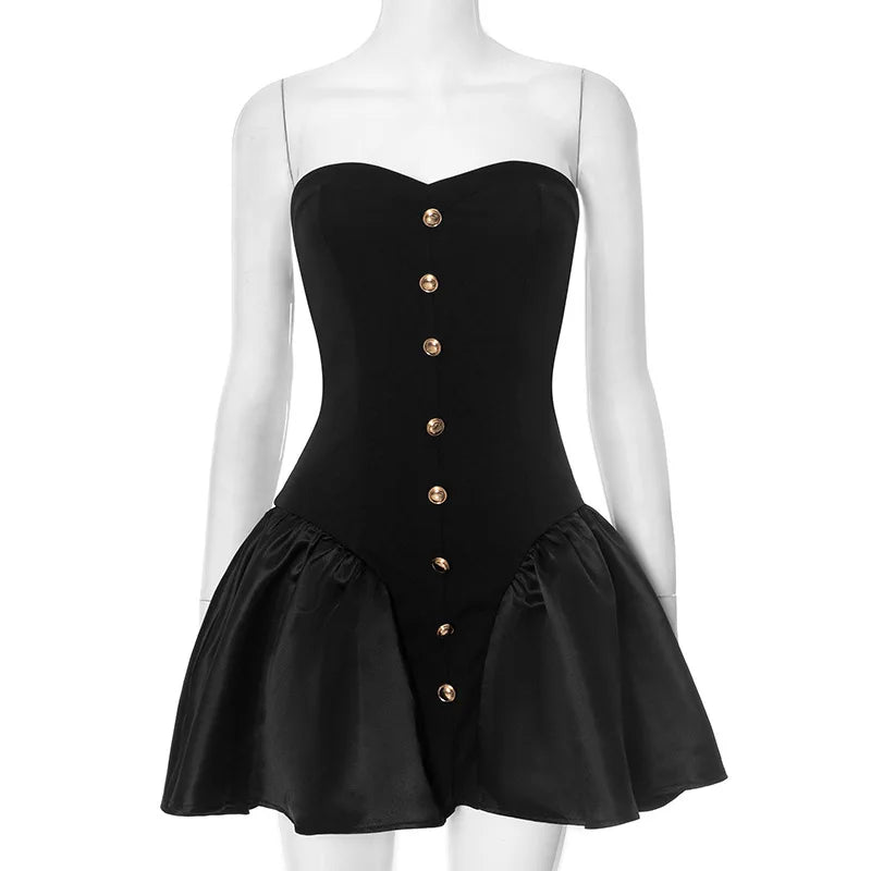 Black Flare Gold Buttoned Strapless Mini Dress