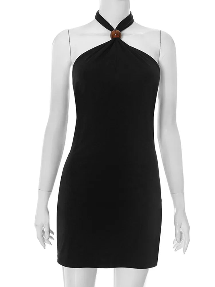 Black Solid Halter Bead Mini Dress