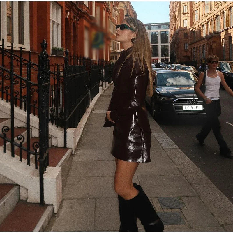Burgundy Pu Leather Jacket And Mini Skirt