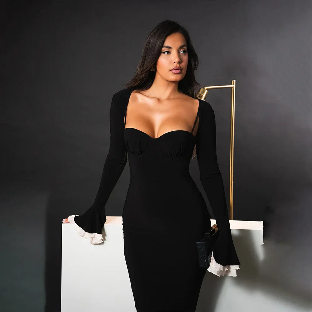Solid Long Flared Two-piece Crop Sleeve Midi Dress