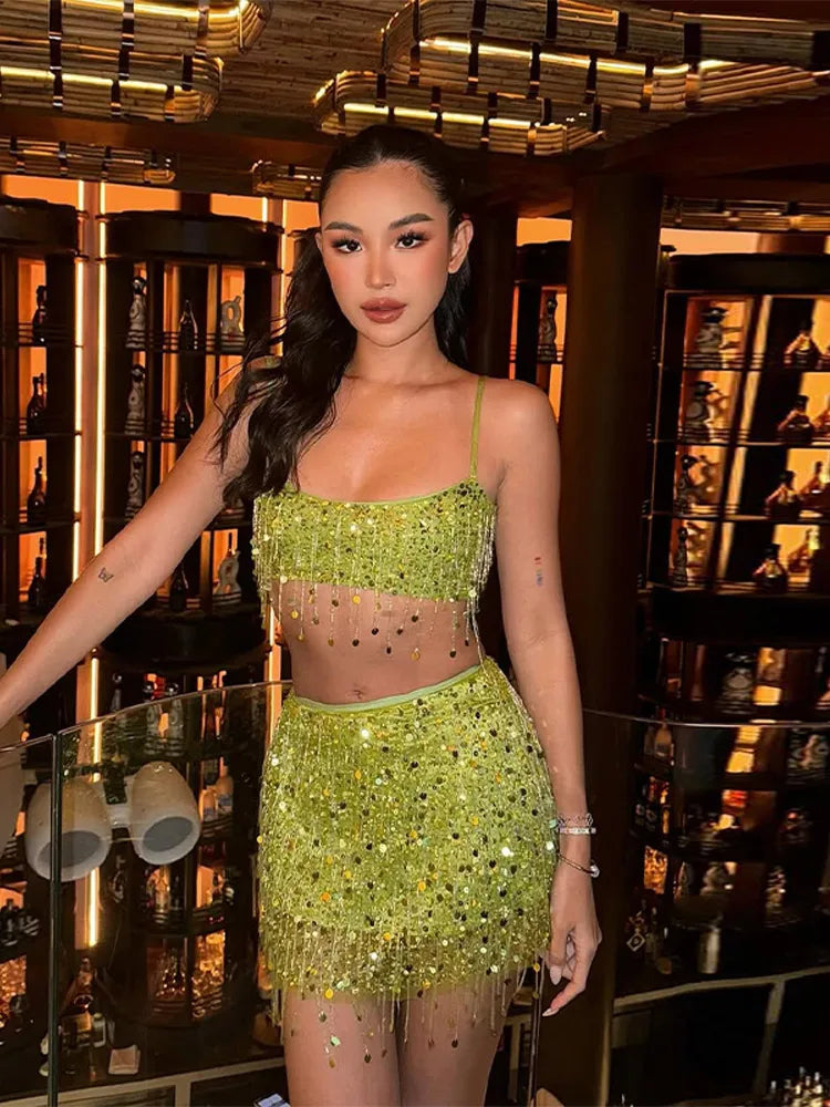 Tassel Sequin Crop Top & Skirt Set â€?Mini Style