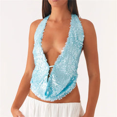 Deep Neck Sequin Halter Top â€?Backless Shine