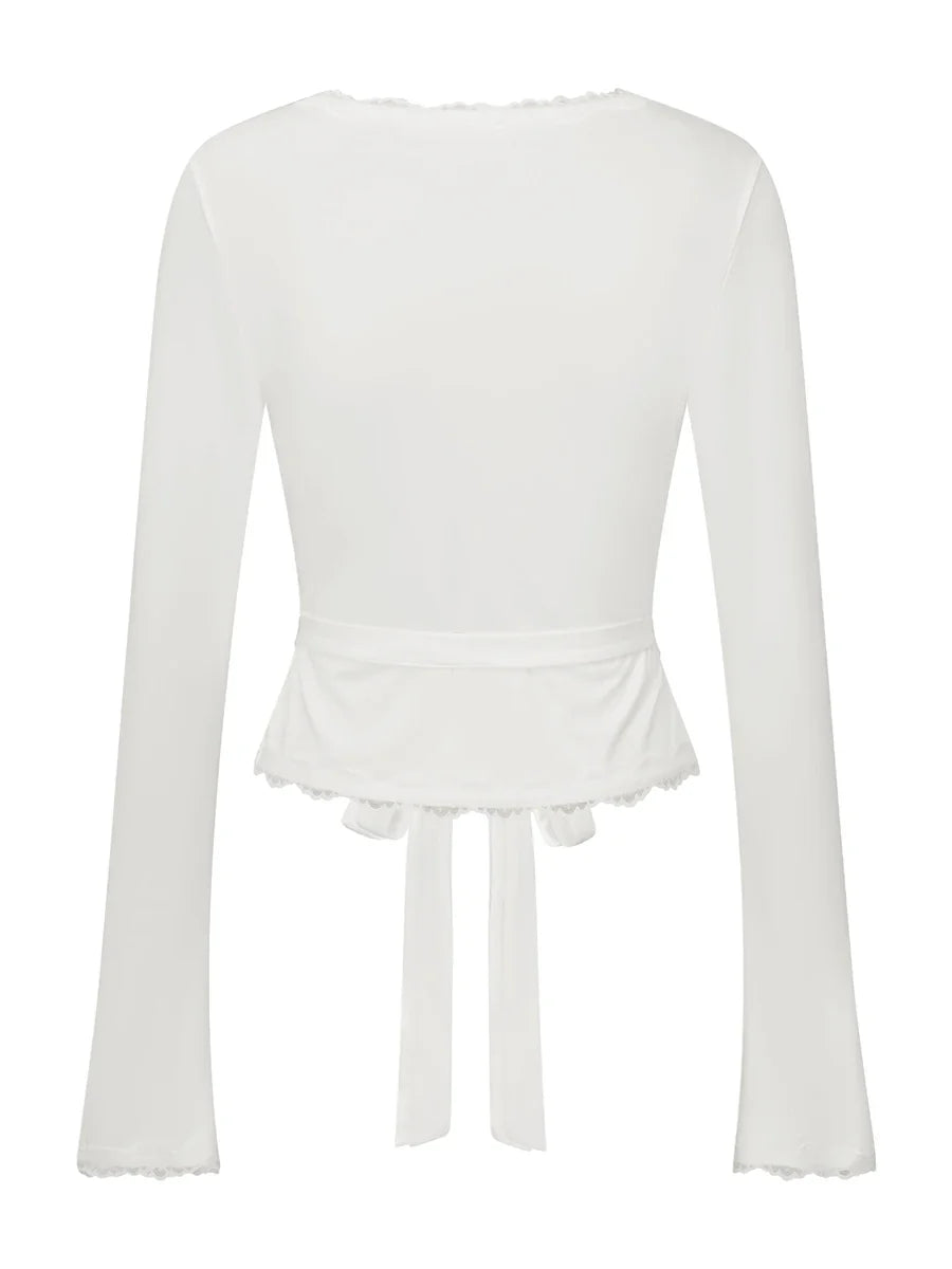 Lace Trim Cross Tie Ballet Wrap Top