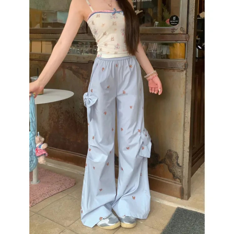 Bows Bear Printed Wide Leg Elastic Cargo Pants