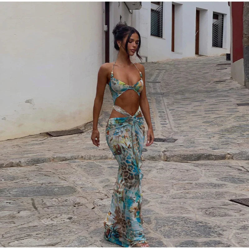 Blue Printed Cut Out Tie Up Maxi Dress â€?V-Neck Style