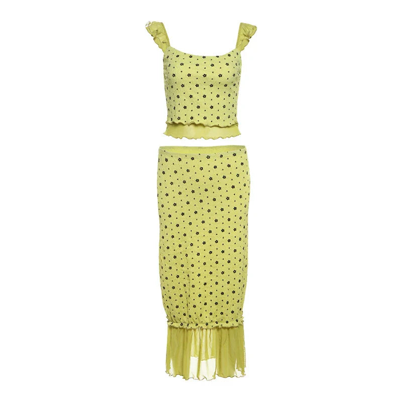 Ruched Floral Crop Top And Midi Skirt Set