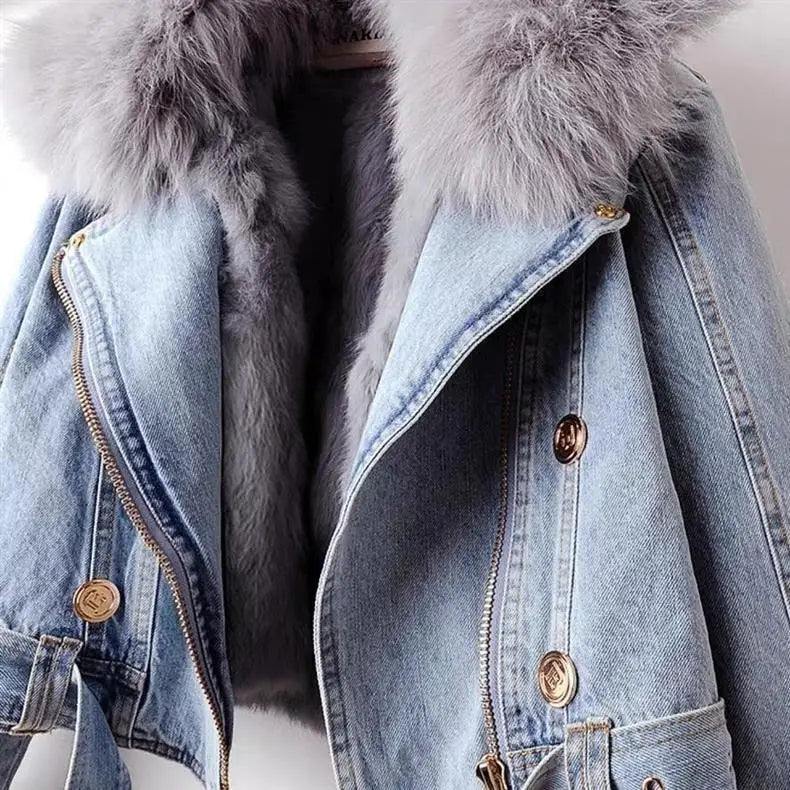 Faux Fur Collar Lining Denim Jacket