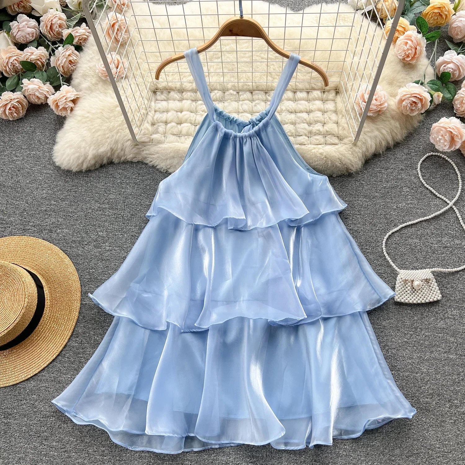 Mesh Ruffled Halter Mini Dress