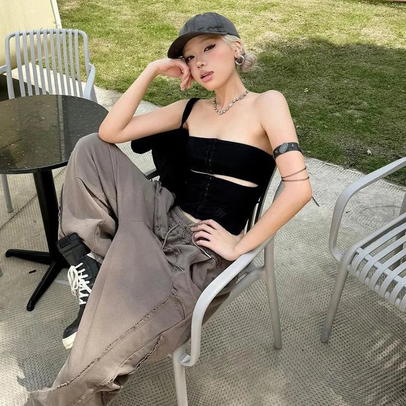 Black Cut Out Hook Corset Top