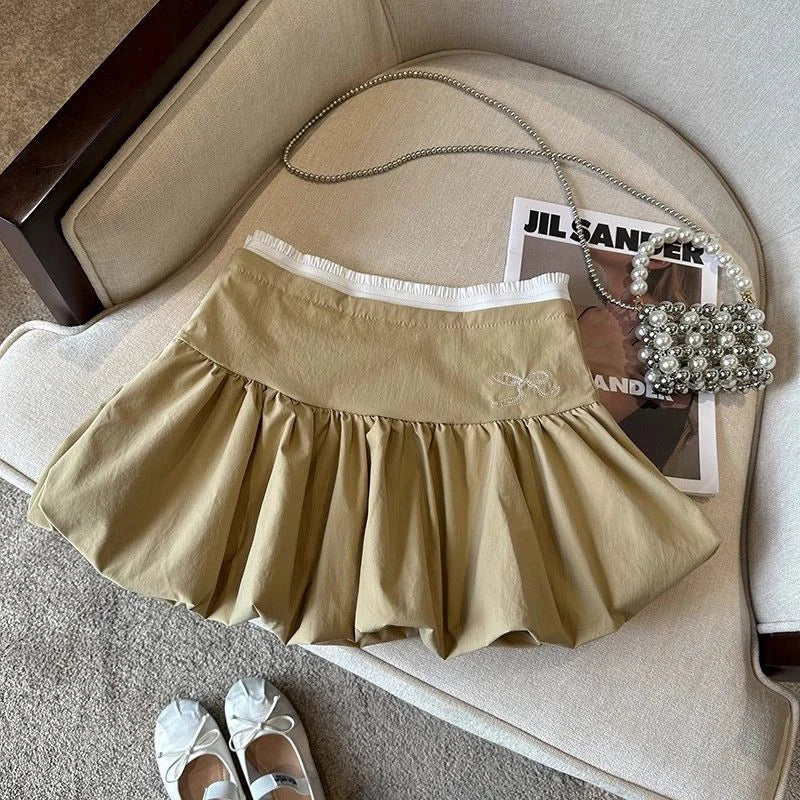 Bow Patchwork Pleated Mini Skirt