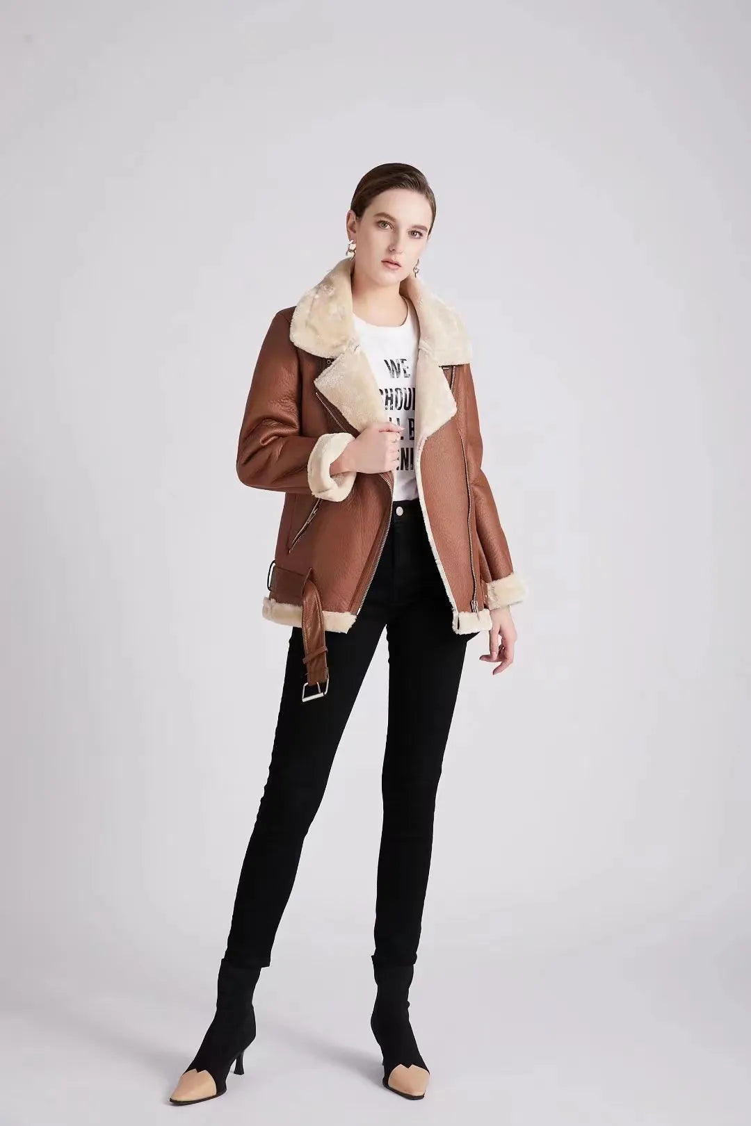 Faux Leather Double-Sided Zipper Biker Jacket