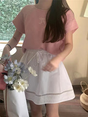 Round Neck Bow Print Short Sleeved Knitted Top