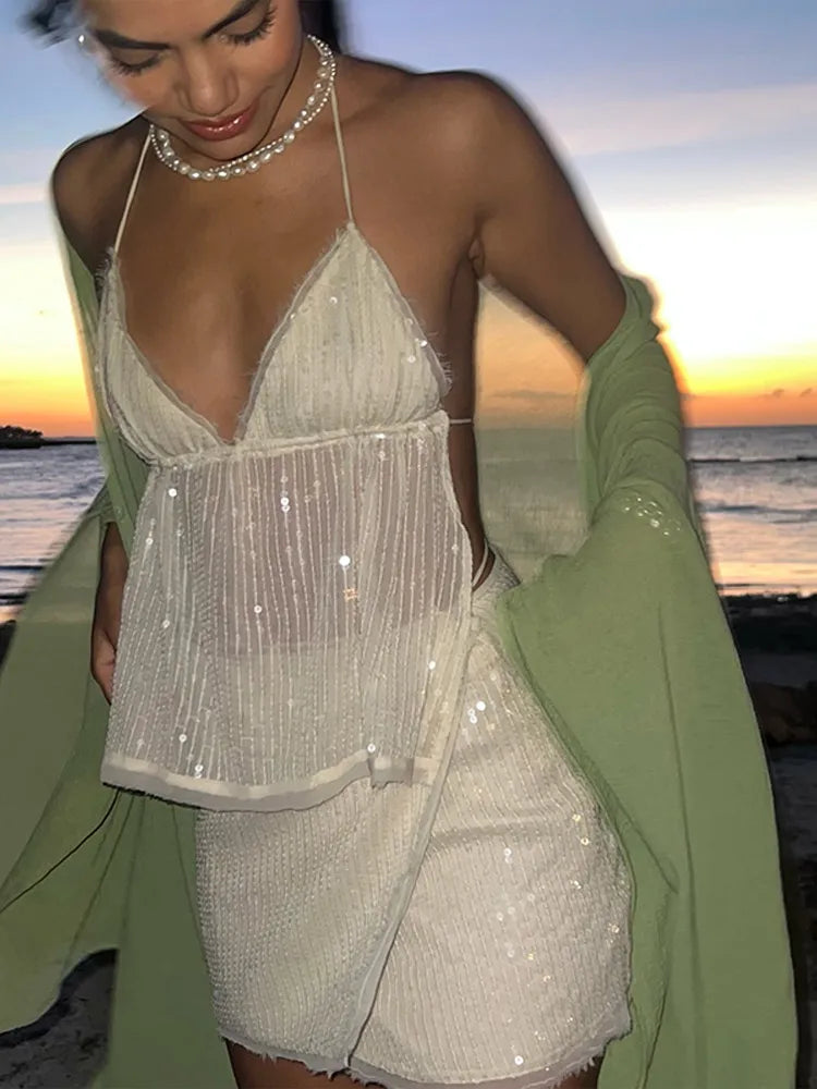 Sheer Strap Sequin Top Lace Up Mini Skirt Set