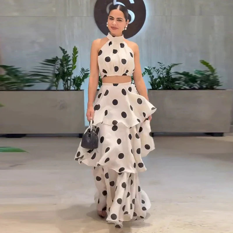 Sleeveless Polka Dot Crop Top And  Multi-Layer Ruffles Skirt Set