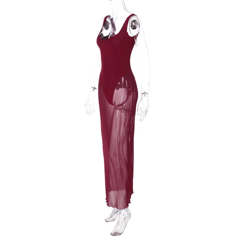Solid Strap Mesh Bodysuit Maxi Dress