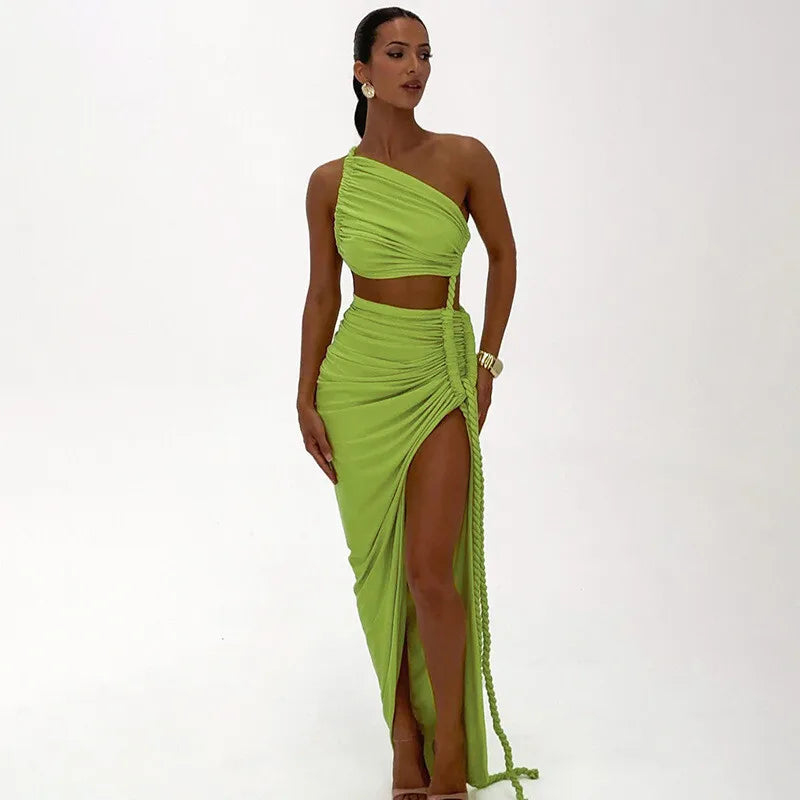 Cut Out Rope Design One Shoulder Slit Midi Dress