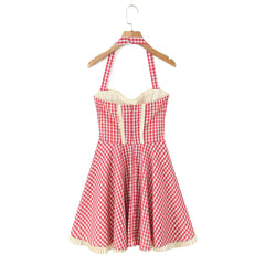 Red Plaid Print Heart Shaped Pocket Halter Mini Dress