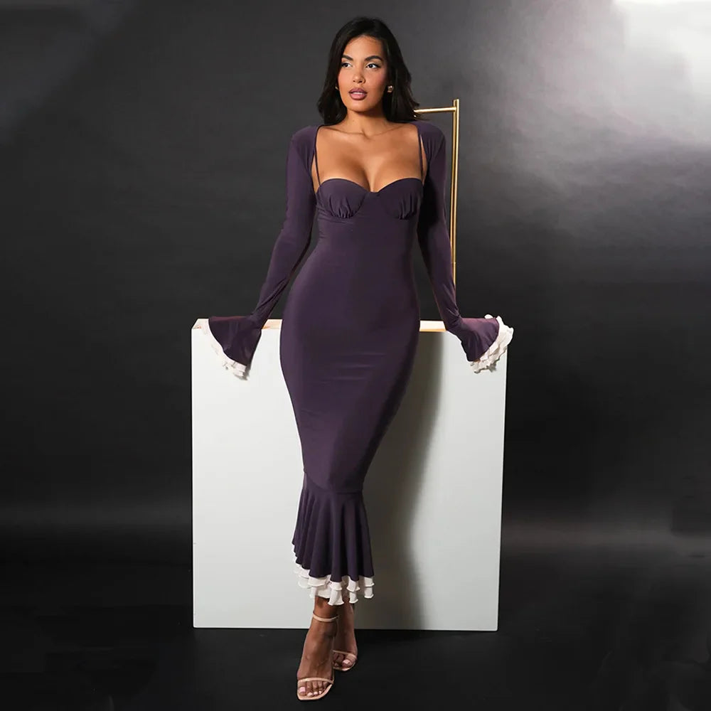 Solid Long Flared Two-piece Crop Sleeve Midi Dress