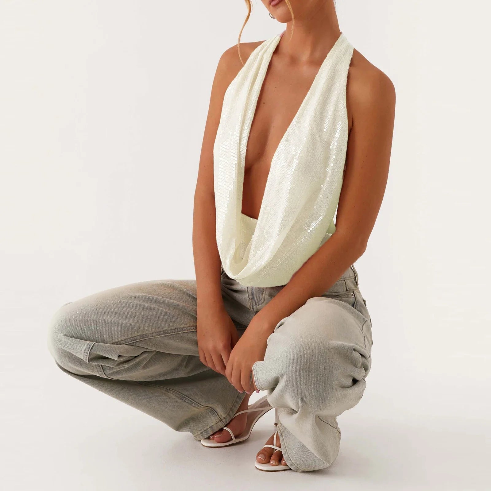 Sequin Deep Neck Halter Tank Top