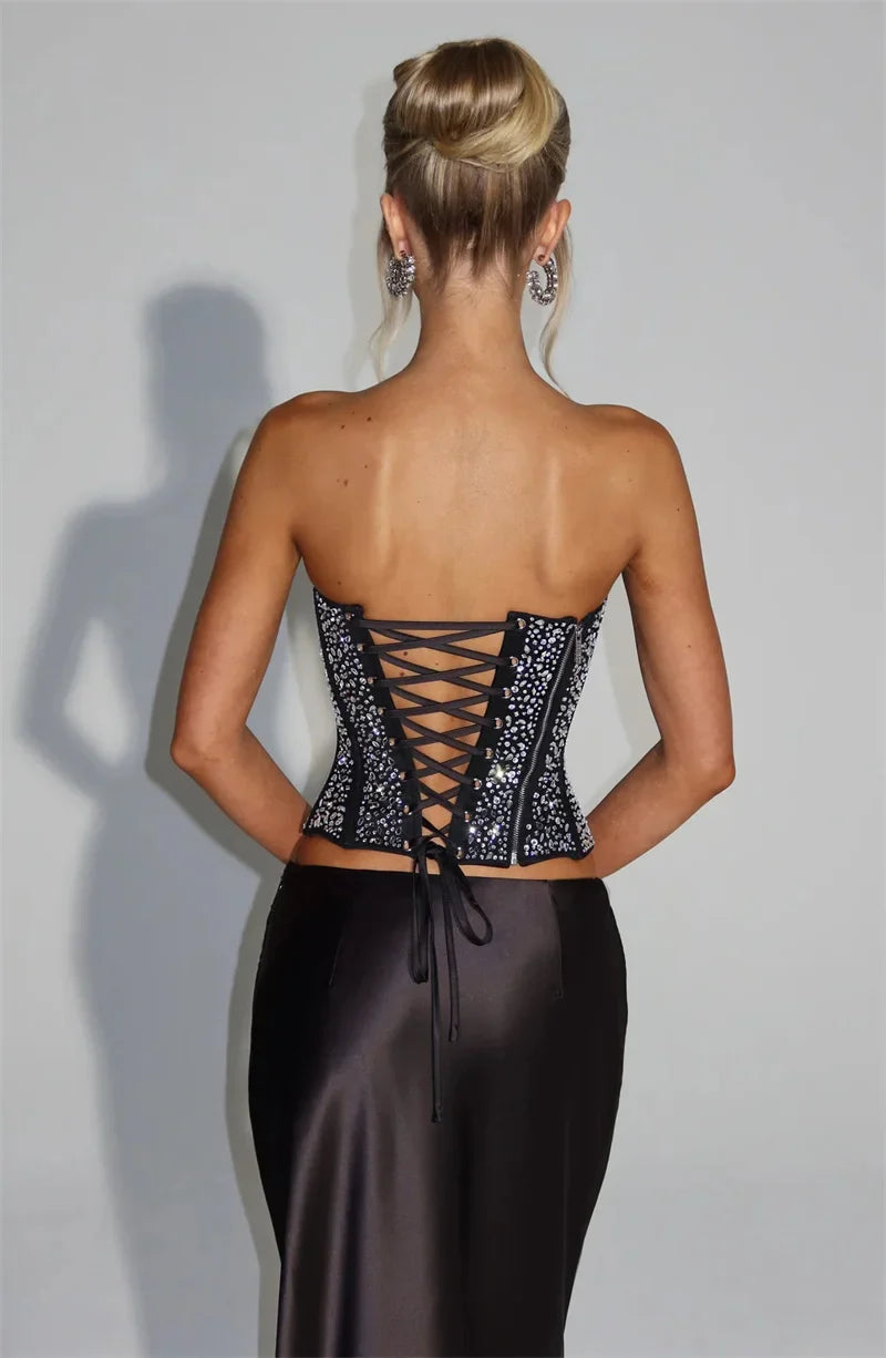Sequins Scarf Collar Lace Up Corset Top And Satin Maxi Skirt