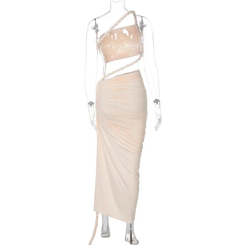 Cut Out Rope Design One Shoulder Slit Midi Dress