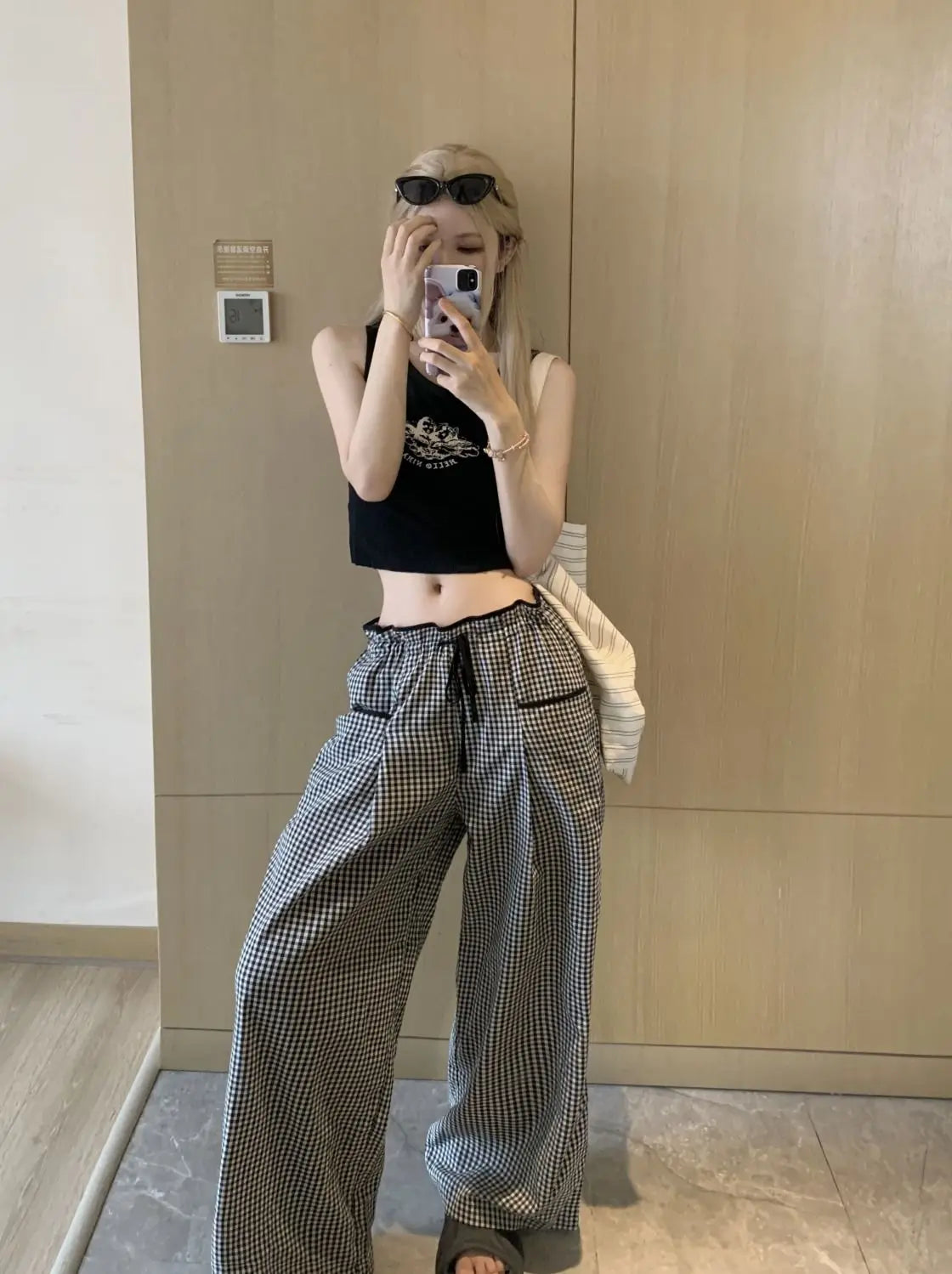 Black Plaid Drawstring Wide Leg Palazzo Pants