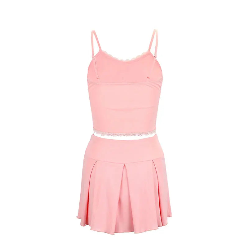 Pink Ribbed Cami Top And Bow Mini Skirt Set