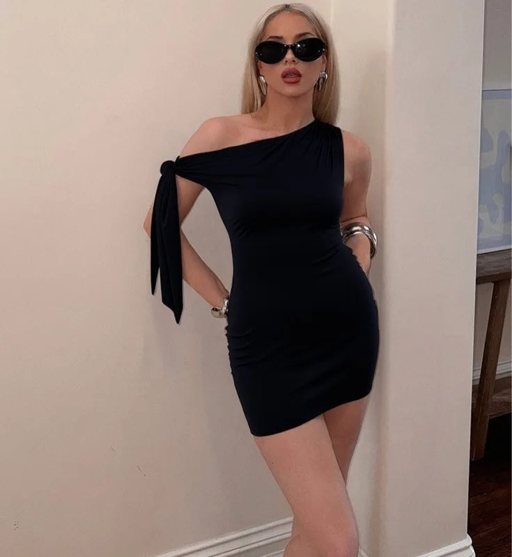 Black One Shoulder Tie Up Mini Dress