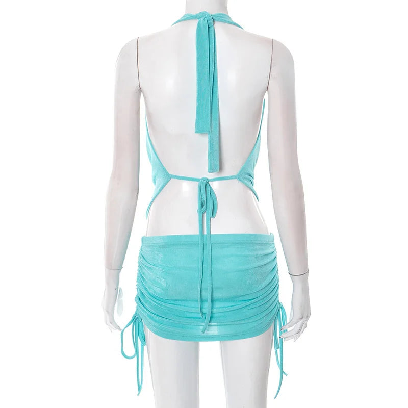 Blue Deep Neck Cowl Neck Crop Top And Rucked Drawstring Skirt Set