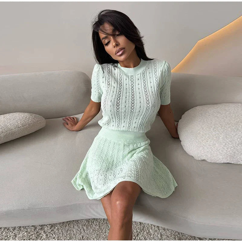 O-neck Knitted  Short Sleeve Top And Mini Skirt Set