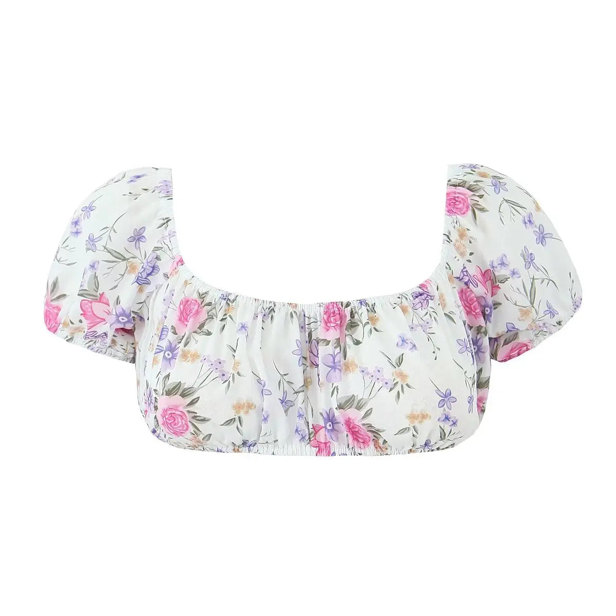 Printed Ruched Short Puff Sleeve Crop Top