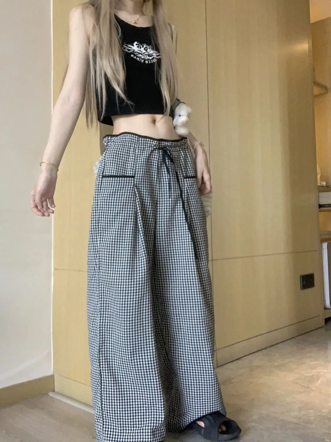 Black Plaid Drawstring Wide Leg Palazzo Pants