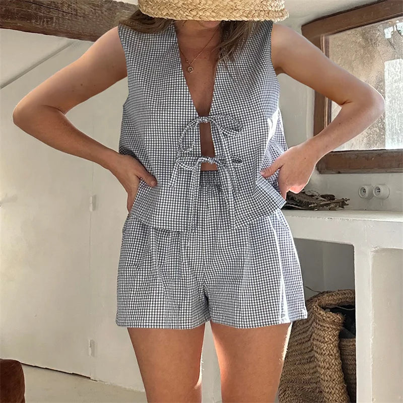 Plaid Tie Up Top And Shorts Set