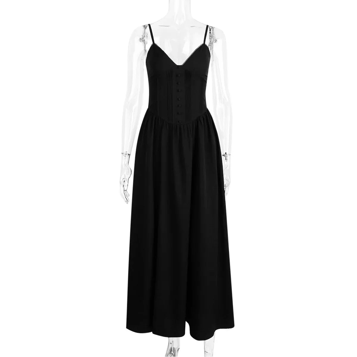 Black Buttoned  V-Neck Spaghetti Strap Maxi Dress