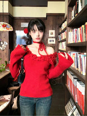 Red 3D Flower Off-Shoulder Long Sleeve Top