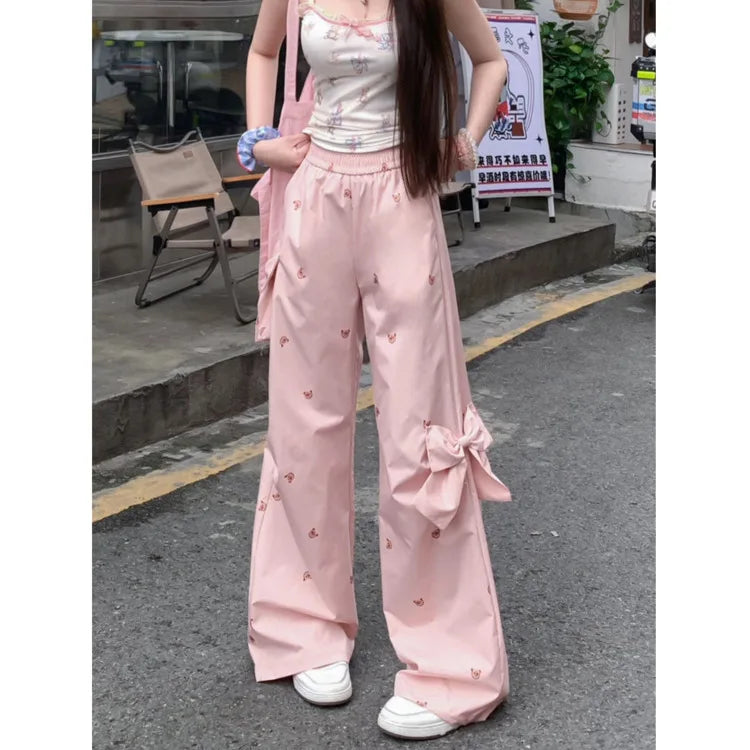 Bows Bear Printed Wide Leg Elastic Cargo Pants