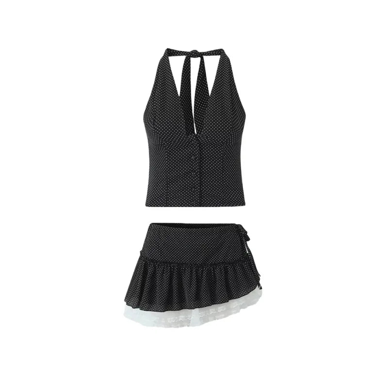 Black Polka Dot Halter Crop Top And Mini Skirt Set