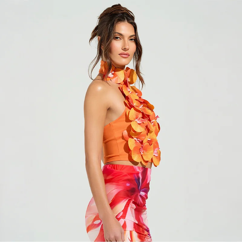 Orange 3D Floral Orchid Top - High Street Regular Fit