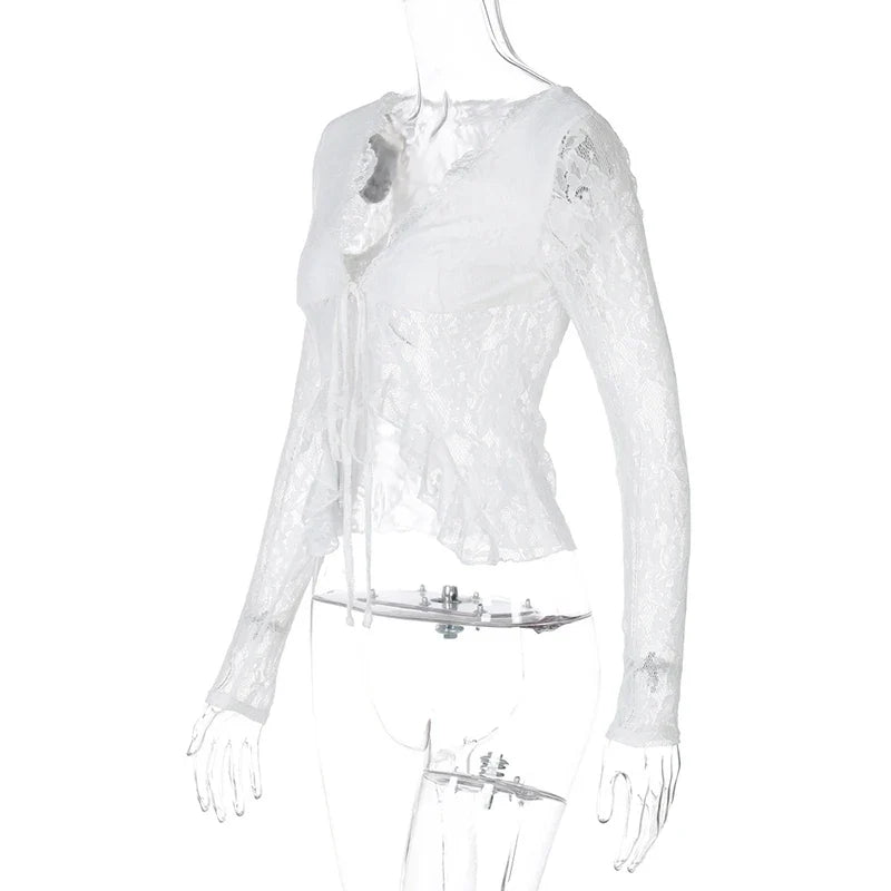 Lace Sheer Front Tie Up Top