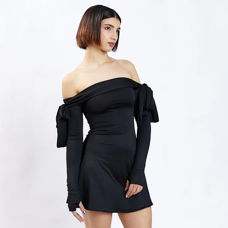 Black Off-shoulder Bow Long Sleeve Mini Dress