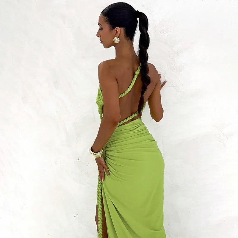 Cut Out Rope Design One Shoulder Slit Midi Dress