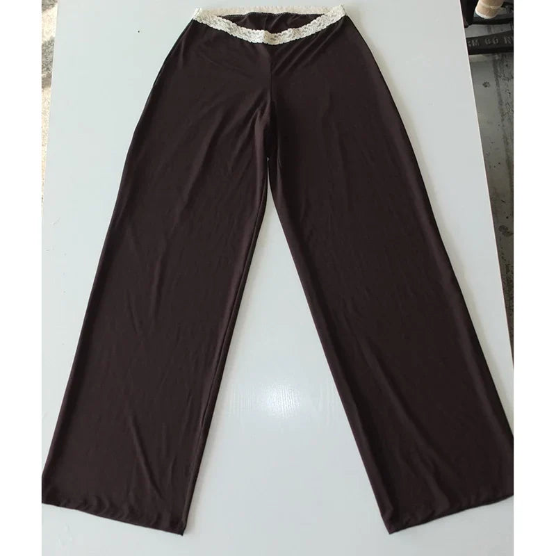 Leopard Printed / Solid Lace Trim Wide Leg Pants