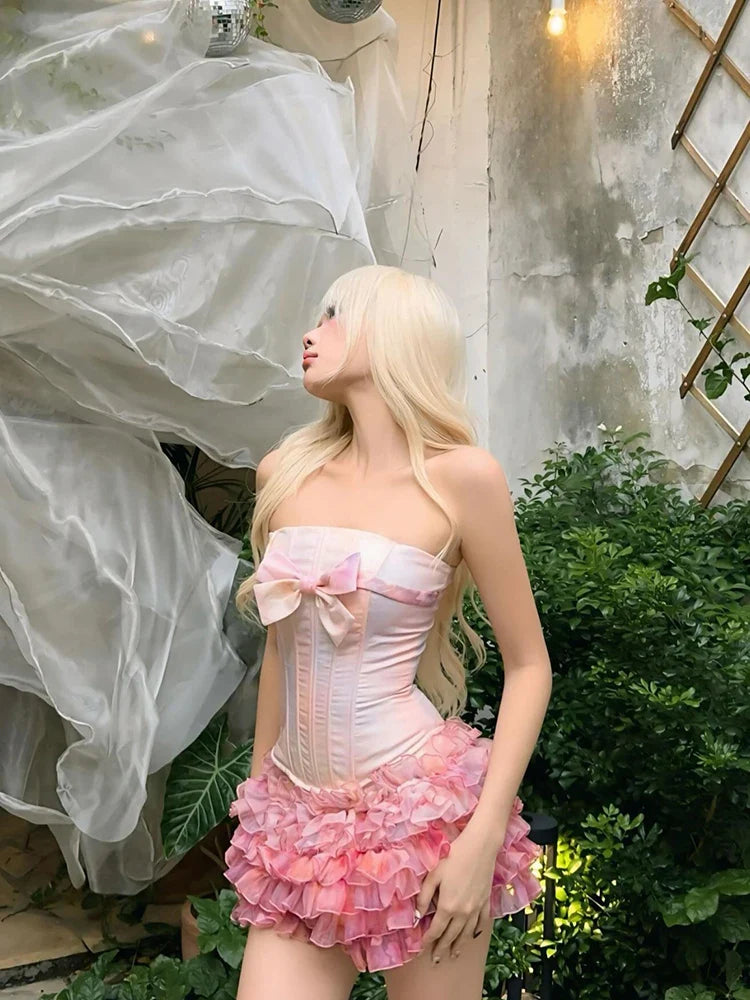 Strapless Corset Top And Ruffles A-line Mini Skirt Set